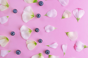 Tender colorful pattern made of blueberries and flower petals