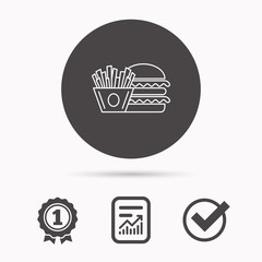 Burger and fries icon. Chips, sandwich sign.