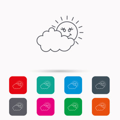 Cloudy day with sun icon. Overcast weather sign.