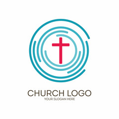 Church logo. Christian symbols. Circles, target and Jesus cross.