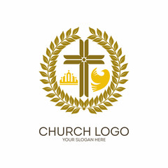 Church logo. Christian symbols. Wreath, Jesus cross, crown and dove.