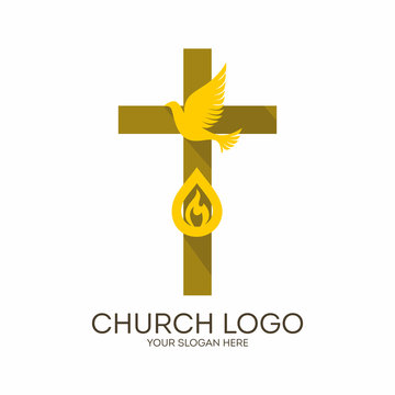 Church logo. Christian symbols. Cross, Holy Spirit and flame.