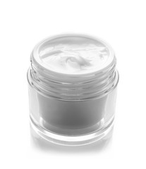 Glass bowl of facial cream isolated on white