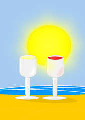 Dos copas de vino frente al mar en un día soleado.