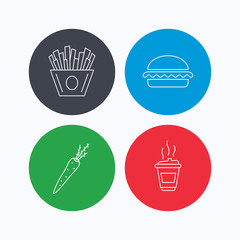 Vegetarian burger, chips and coffee icons.
