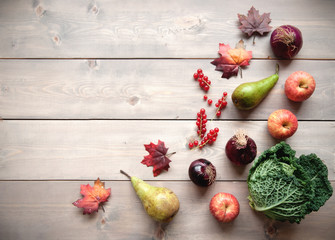 Assorted autumn fruits and vegetables background