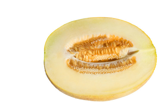 Half of melon in the section on a white background.
