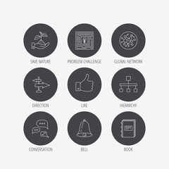Global network, like and conversation icons.