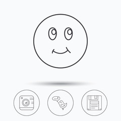 Photo camera, floppy disk and message icons.