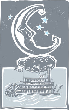 Woodcut style moon and riverboat