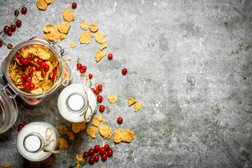 Fitness food. Muesli with berries and milk.