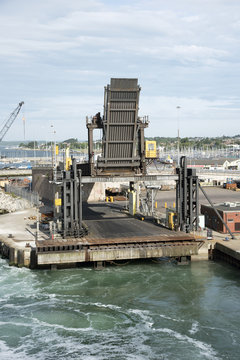 Poole Harbour Dorset UK - The linkspan and docking ramp for cross channel ferries to load and unload vehicles