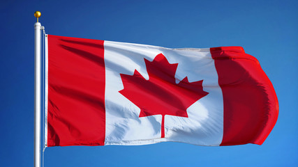 Canada flag waving against clean blue sky, close up, isolated with clipping mask alpha channel transparency, perfect for film, news, digital composition