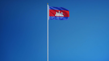 Cambodia flag waving against clean blue sky, long shot, isolated with clipping mask alpha channel transparency, perfect for film, news, digital composition