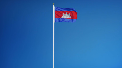 Cambodia flag waving against clean blue sky, long shot, isolated with clipping mask alpha channel transparency, perfect for film, news, digital composition