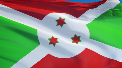 Burundi flag waving against clean blue sky, close up, isolated with clipping mask alpha channel transparency, perfect for film, news, digital composition