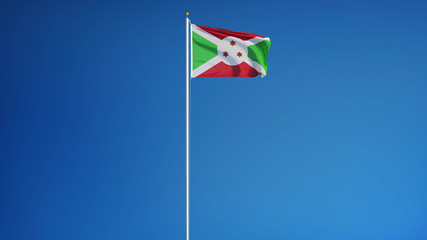 Burundi flag waving against clean blue sky, long shot, isolated with clipping mask alpha channel transparency, perfect for film, news, digital composition