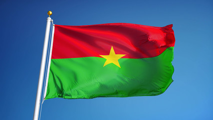 Fototapeta na wymiar Burkina Faso flag waving against clean blue sky, close up, isolated with clipping mask alpha channel transparency, perfect for film, news, digital composition