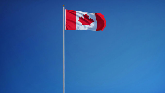 Canada flag waving against clean blue sky, long shot, isolated with clipping mask alpha channel transparency, perfect for film, news, digital composition