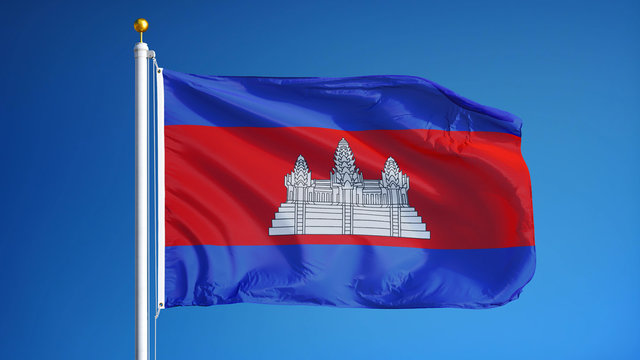 Cambodia flag waving against clean blue sky, close up, isolated with clipping mask alpha channel transparency, perfect for film, news, digital composition