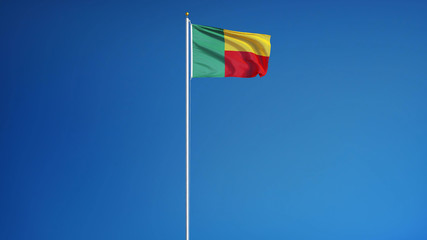 Benin flag waving against clean blue sky, long shot, isolated with clipping mask alpha channel transparency, perfect for film, news, digital composition
