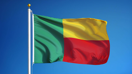 Benin flag waving against clean blue sky, close up, isolated with clipping mask alpha channel transparency, perfect for film, news, digital composition