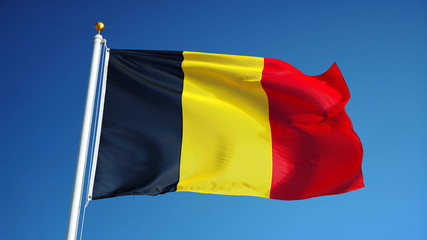 Belgium flag waving against clean blue sky, close up, isolated with clipping mask alpha channel transparency, perfect for film, news, digital composition