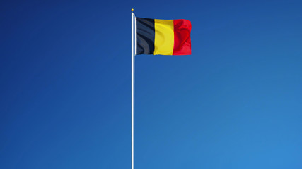 Belgium flag waving against clean blue sky, long shot, isolated with clipping mask alpha channel transparency, perfect for film, news, digital composition