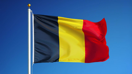 Belgium flag waving against clean blue sky, close up, isolated with clipping mask alpha channel transparency, perfect for film, news, digital composition