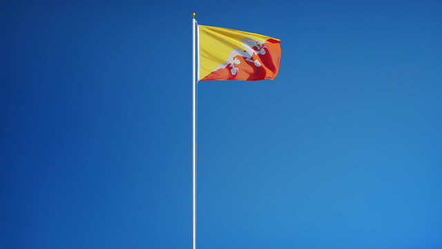 Bhutan flag waving against clean blue sky, long shot, isolated with clipping mask alpha channel transparency, perfect for film, news, digital composition