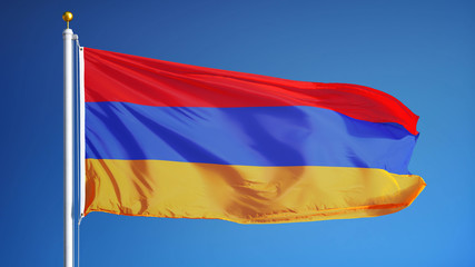 Fototapeta na wymiar Armenia flag waving against clean blue sky, close up, isolated with clipping mask alpha channel transparency, perfect for film, news, digital composition