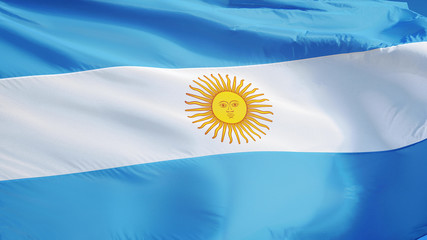 Argentina flag waving against clean blue sky, close up, isolated with clipping mask alpha channel transparency, perfect for film, news, digital composition