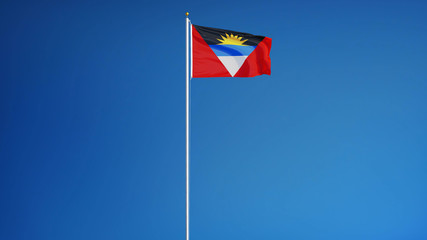 Antigua and Barbuda flag waving against clean blue sky, long shot, isolated with clipping mask alpha channel transparency, perfect for film, news, digital composition