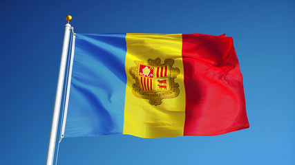 Andorra flag waving against clean blue sky, close up, isolated with clipping mask alpha channel transparency, perfect for film, news, digital composition