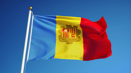 Andorra flag waving against clean blue sky, close up, isolated with clipping mask alpha channel transparency, perfect for film, news, digital composition