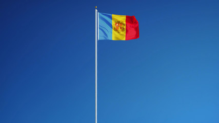 Andorra flag waving against clean blue sky, long shot, isolated with clipping mask alpha channel transparency, perfect for film, news, digital composition