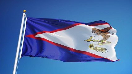 American Samoa flag waving against clean blue sky, close up, isolated with clipping mask alpha channel transparency, perfect for film, news, digital composition