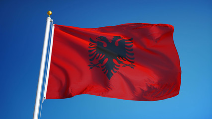 Naklejka na ściany i meble Albania flag waving against clean blue sky, close up, isolated with clipping mask alpha channel transparency, perfect for film, news, digital composition