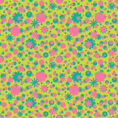 Seamless pattern with pink, green ditsy flowers, dots on green background. Floral background. Vector illustration.
