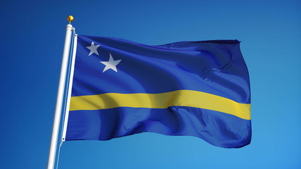 Curacao flag waving against clean blue sky, close up, isolated with clipping mask alpha channel transparency, perfect for film, news, digital composition