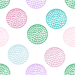 Blue, green, pink, violet and white geometric seamless pattern with grunge polka dot. Textured circles. Geometrical background for wrapping paper, website, wallpaper, ets. Vector illustration.