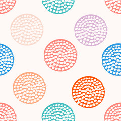 Colorful textured circle seamless pattern, blue, pink, orange, violet round grunge polka dot, wrapping paper. Vector illustration.