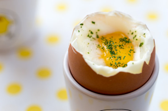 Soft boiled egg. Closeup detail