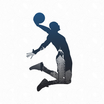 Modern basketball player silhouette with urban city motives