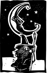 Woodcut Moon and Wizard