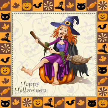 Happy Halloween frame with witch sitting on pumpkin