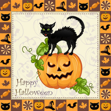 Happy Halloween frame with cat sitting on pumpkin