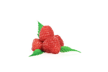 Fresh raspberry with green raspberry leaves isolated on white background