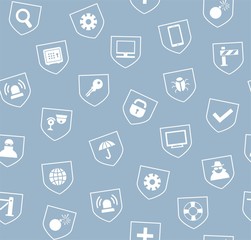 Safety, seamless pattern, gray-blue light. Vector monochrome background with images of protection and security of people, information and gadgets. White icons on gray-blue background. 