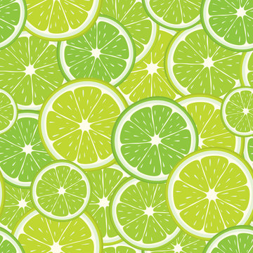Vector seamless pattern of green lime slices. Citrus fruit illustration for design.